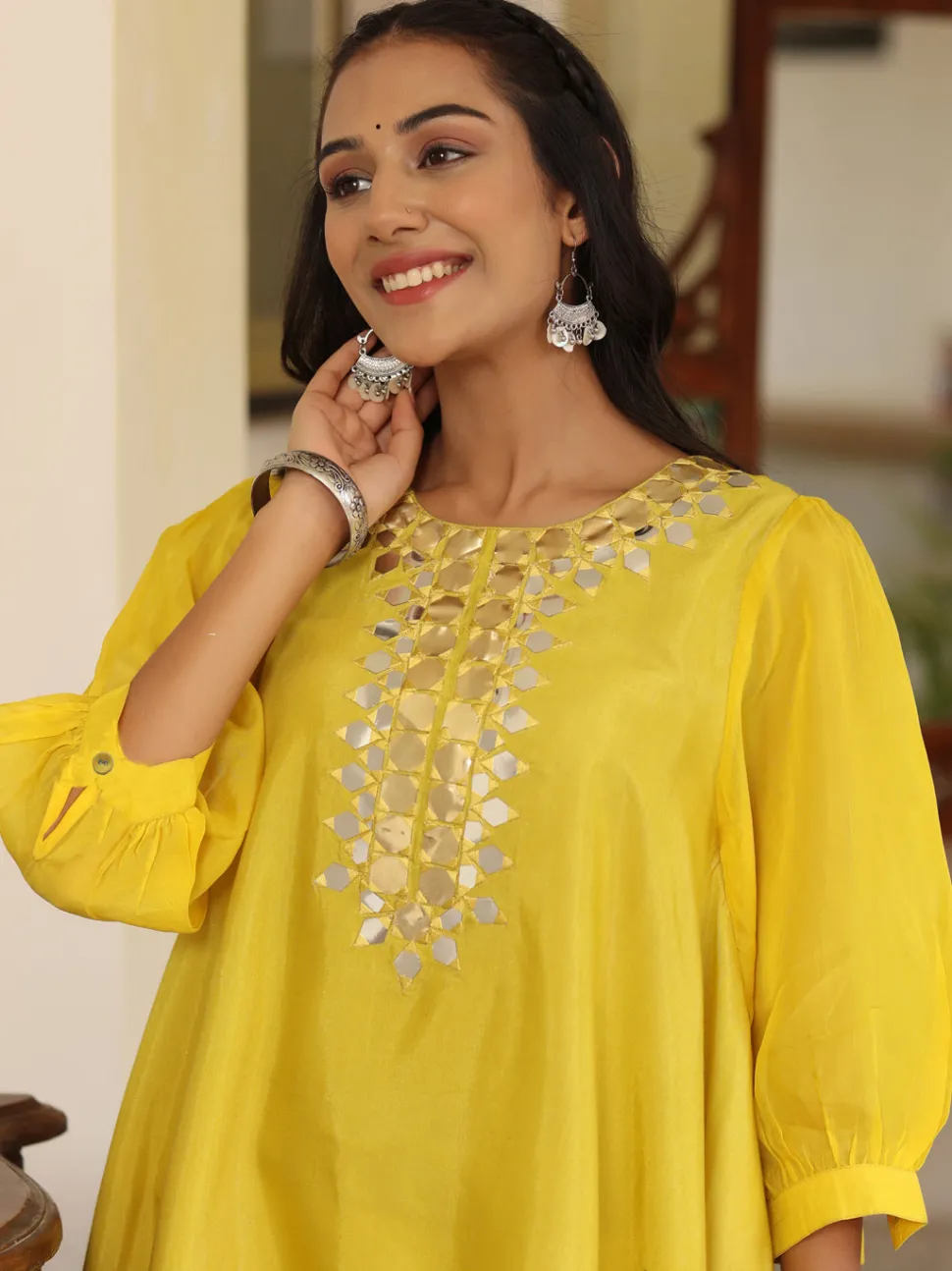 Jaipur Kurti Women Yellow Hankerchief Top With Mirror Work