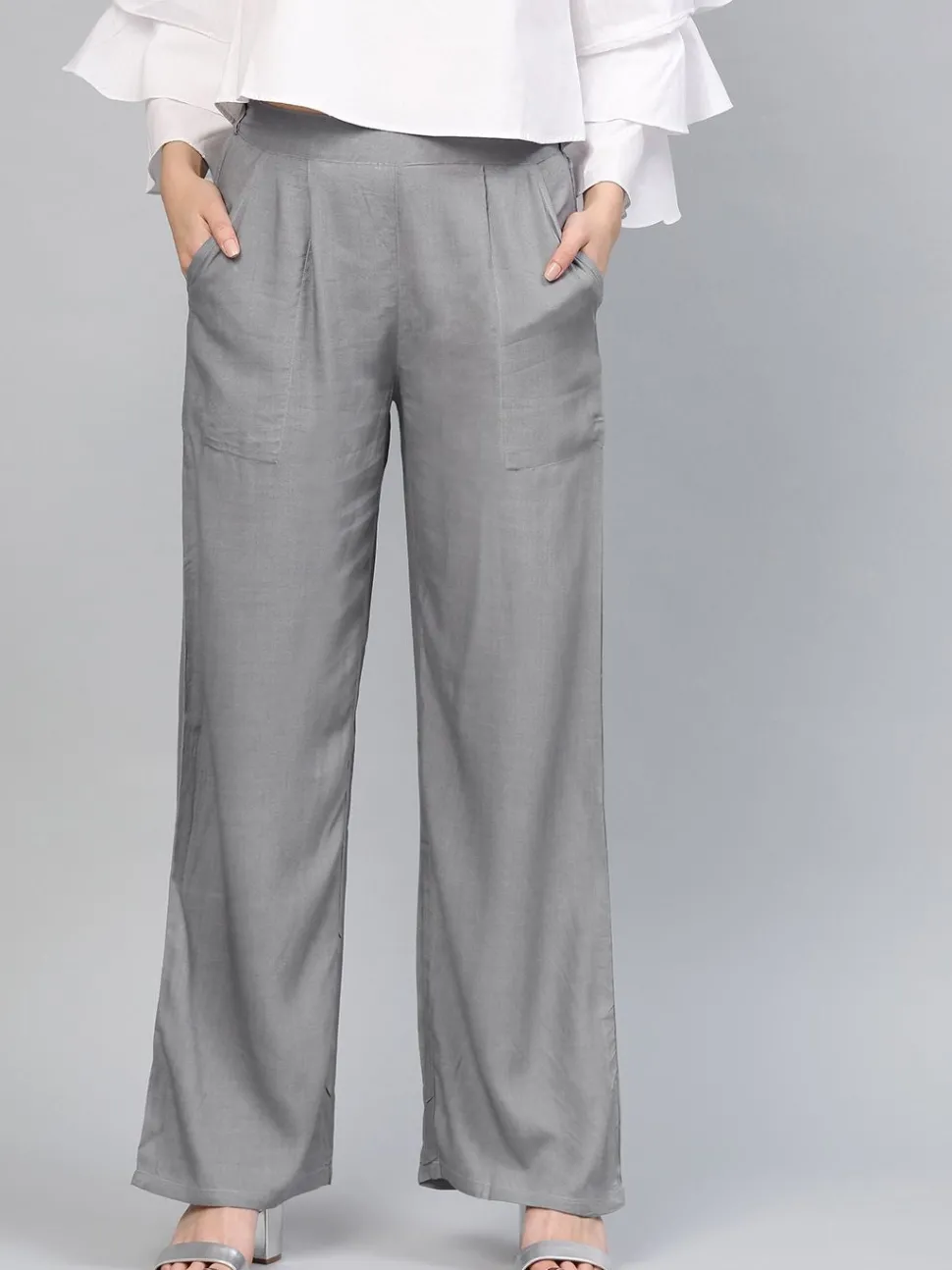 Jaipur Kurti Women's Grey Solid Rayon Palazzo
