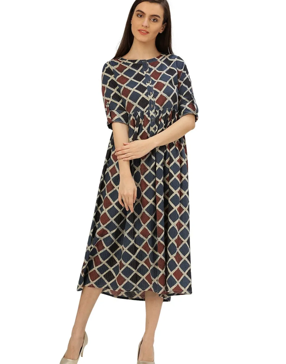 Jaipur Kurti Women's Indigo Geometrical Print Cotton Kantha Dress