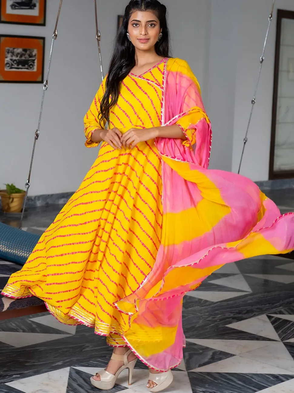 Jaipur Kurti Yellow A-line Angrakha Leheriya Kurta with Pants & Dupatta