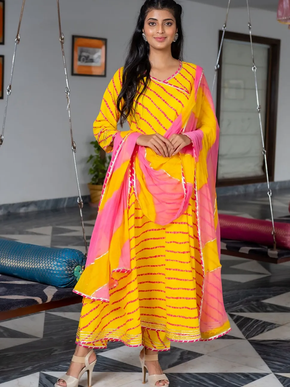 Jaipur Kurti Yellow A-line Angrakha Leheriya Kurta with Pants & Dupatta