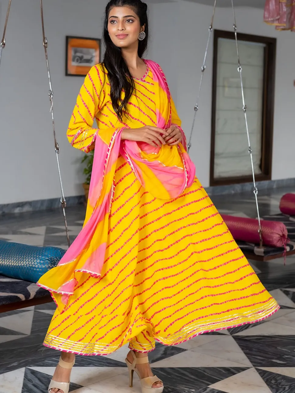 yellow_aline_angrakha_leheriya_kurta_with_pants__dupatta_2.webp Jaipur Kurti Yellow A-line Angrakha Leheriya Kurta with Pants & Dupatta