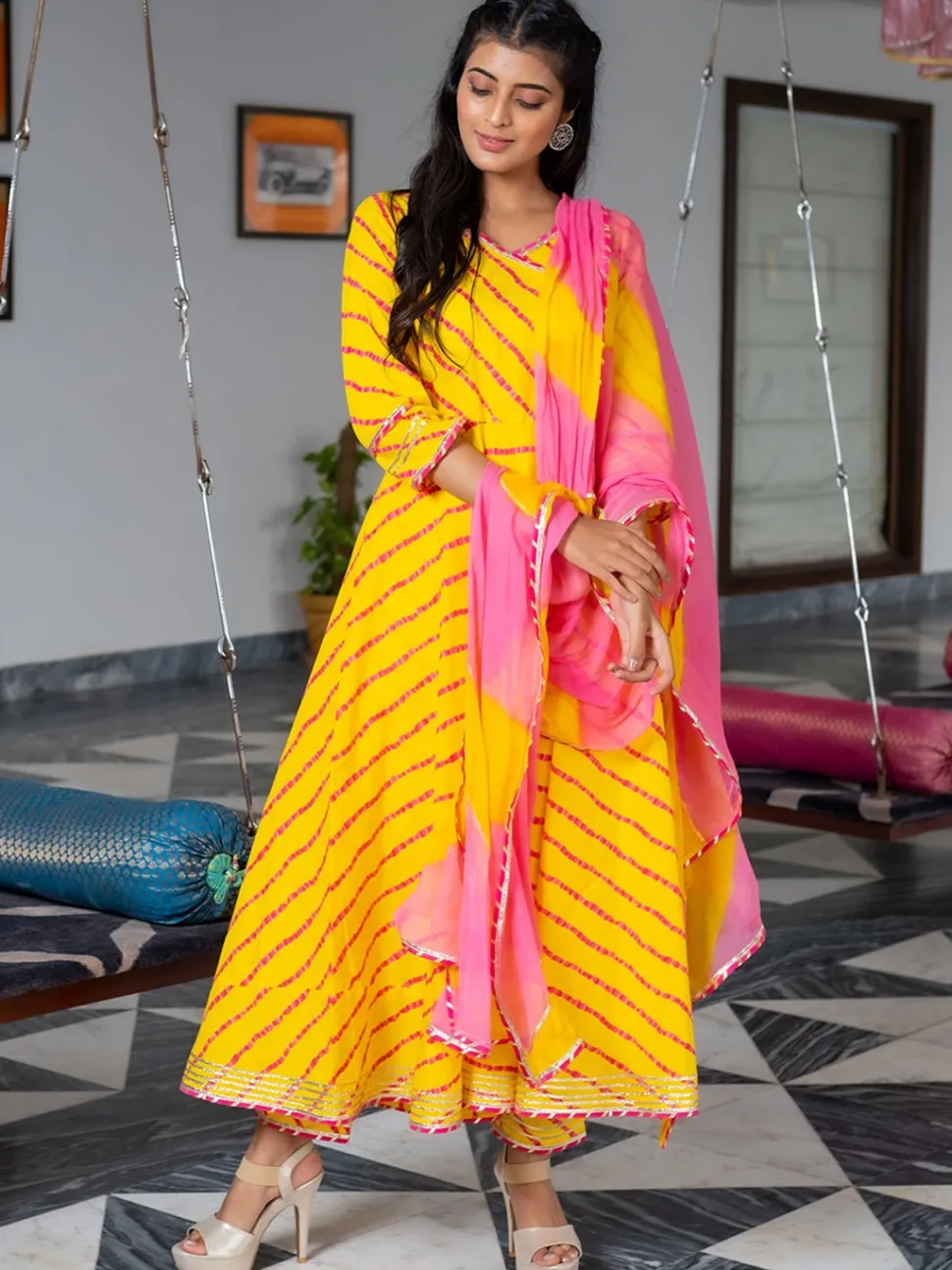 yellow_aline_angrakha_leheriya_kurta_with_pants__dupatta_3.webp Jaipur Kurti Yellow A-line Angrakha Leheriya Kurta with Pants & Dupatta