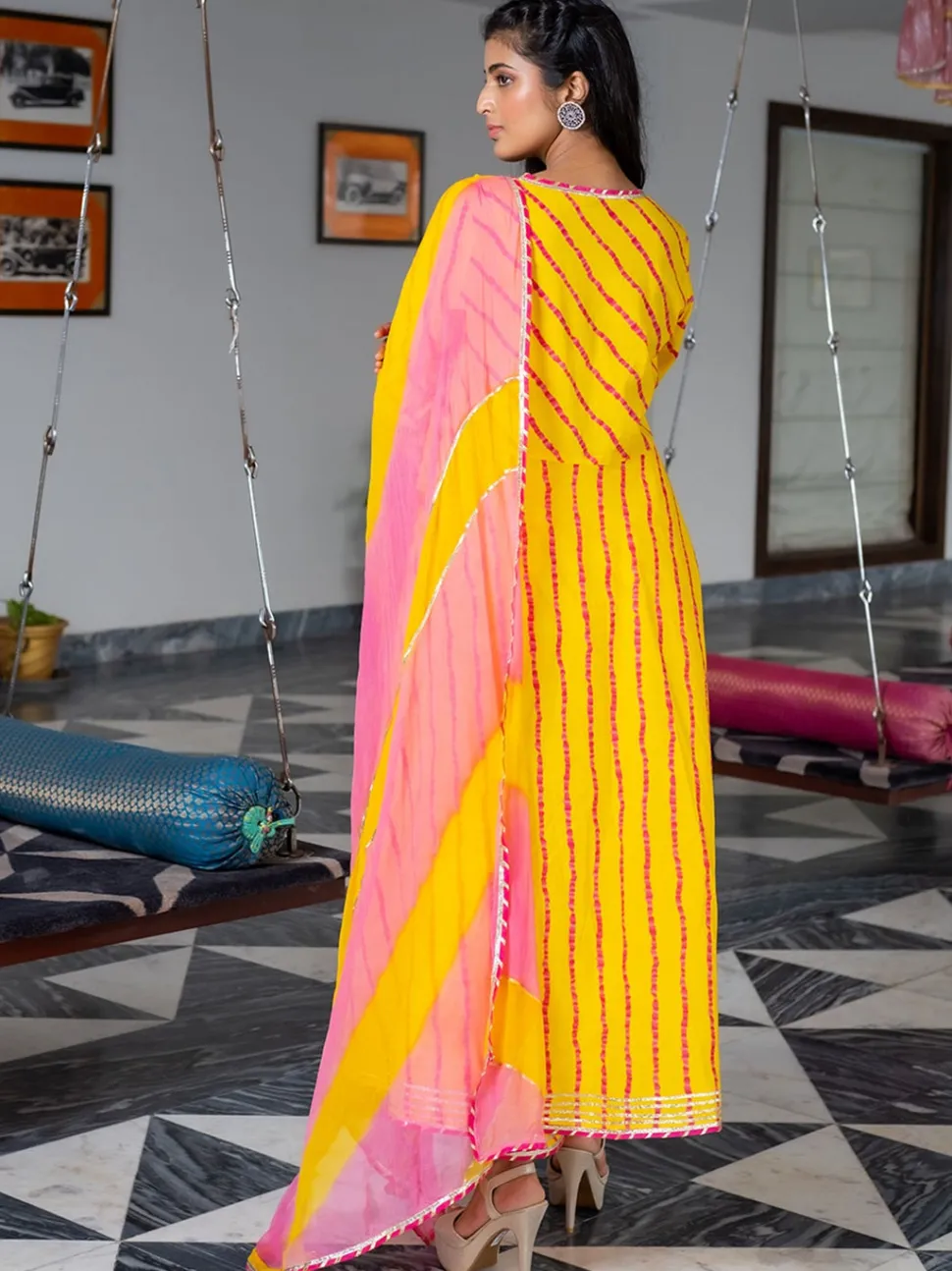 yellow_aline_angrakha_leheriya_kurta_with_pants__dupatta_4.webp Jaipur Kurti Yellow A-line Angrakha Leheriya Kurta with Pants & Dupatta
