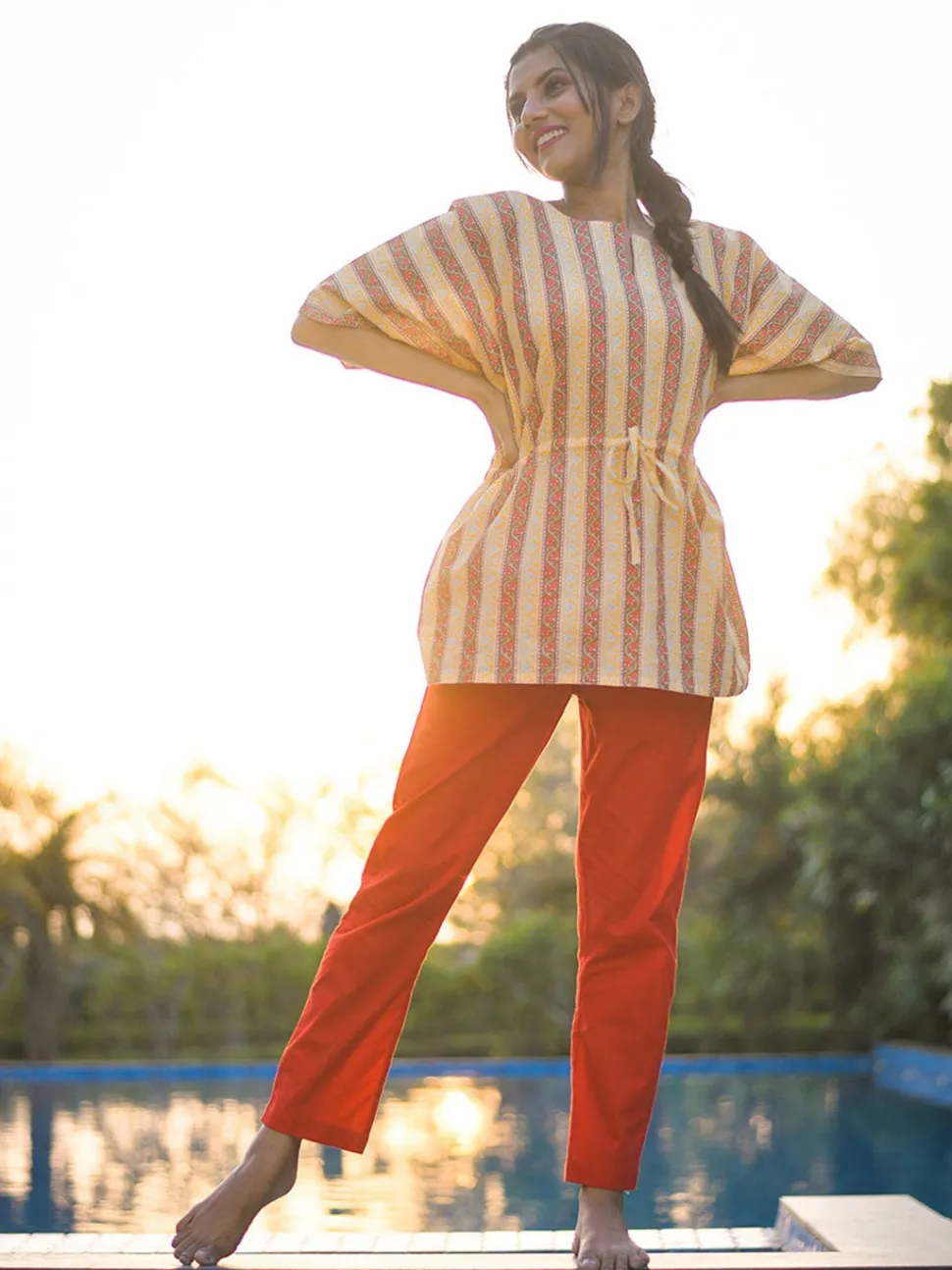 Jaipur Kurti Yellow Border Printed Cotton Sleepwear