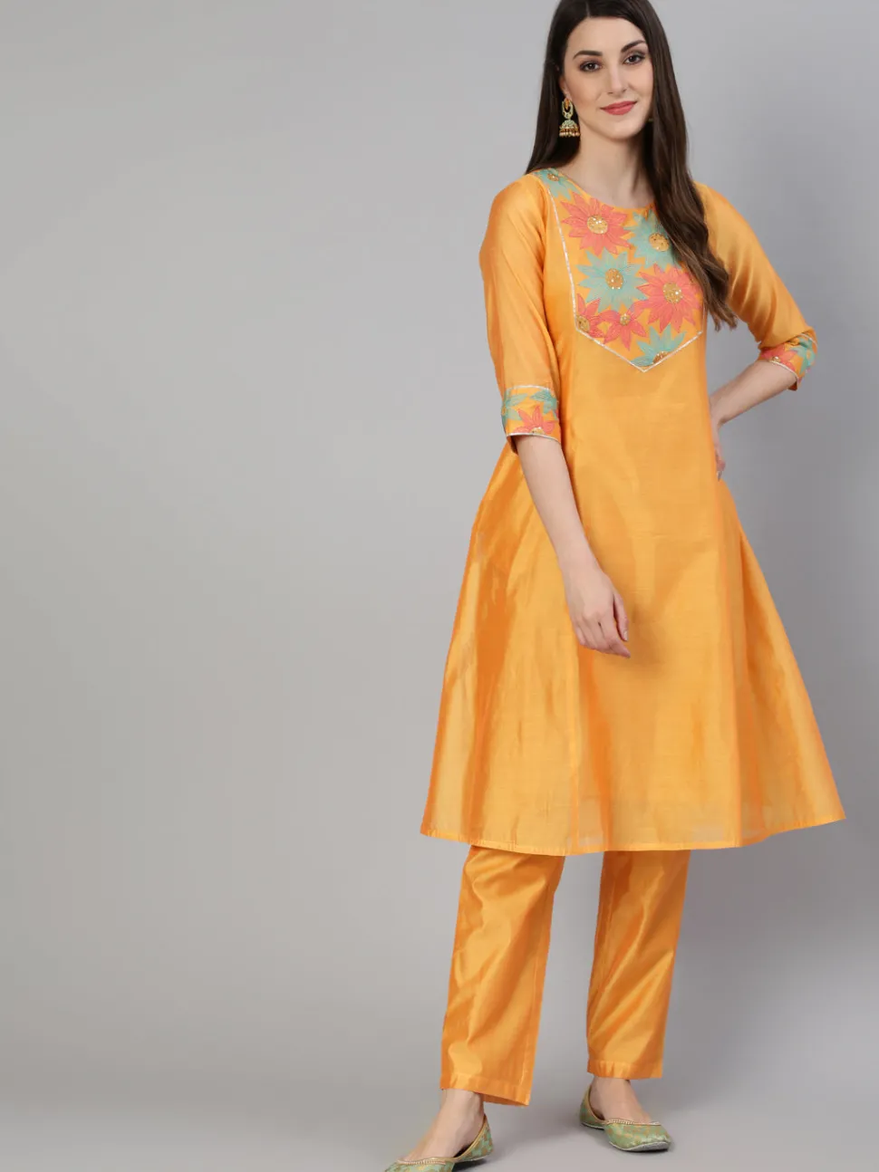 Jaipur Kurti Yellow Chanderi Embroidered A-Line Princess-Cut Kurta With Pants