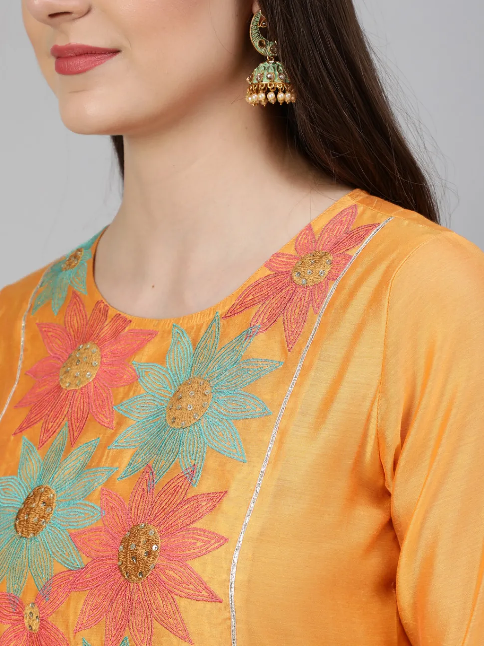 Jaipur Kurti Yellow Chanderi Embroidered A-Line Princess-Cut Kurta With Pants