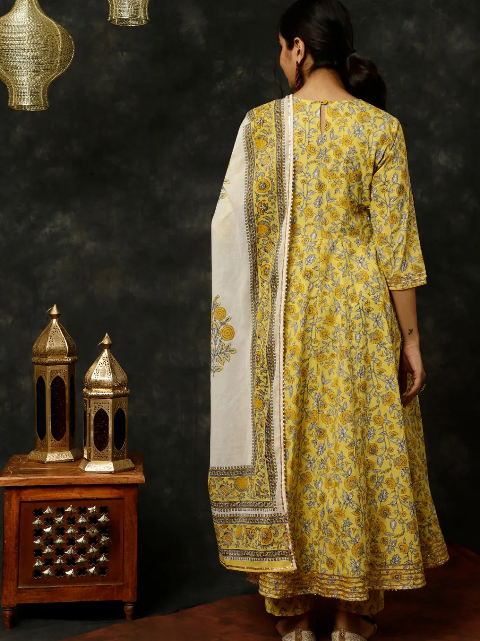 yellow_ethnic_print_anarkali_kurta_with_pants_and_dupatta_2.webp Jaipur Kurti Ethnic Print Anarkali Kurta With Pants And Dupatta