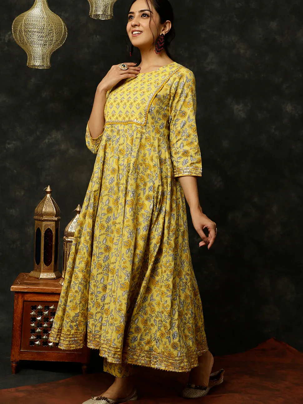 yellow_ethnic_print_anarkali_kurta_with_pants_and_dupatta_3.webp Jaipur Kurti Ethnic Print Anarkali Kurta With Pants And Dupatta