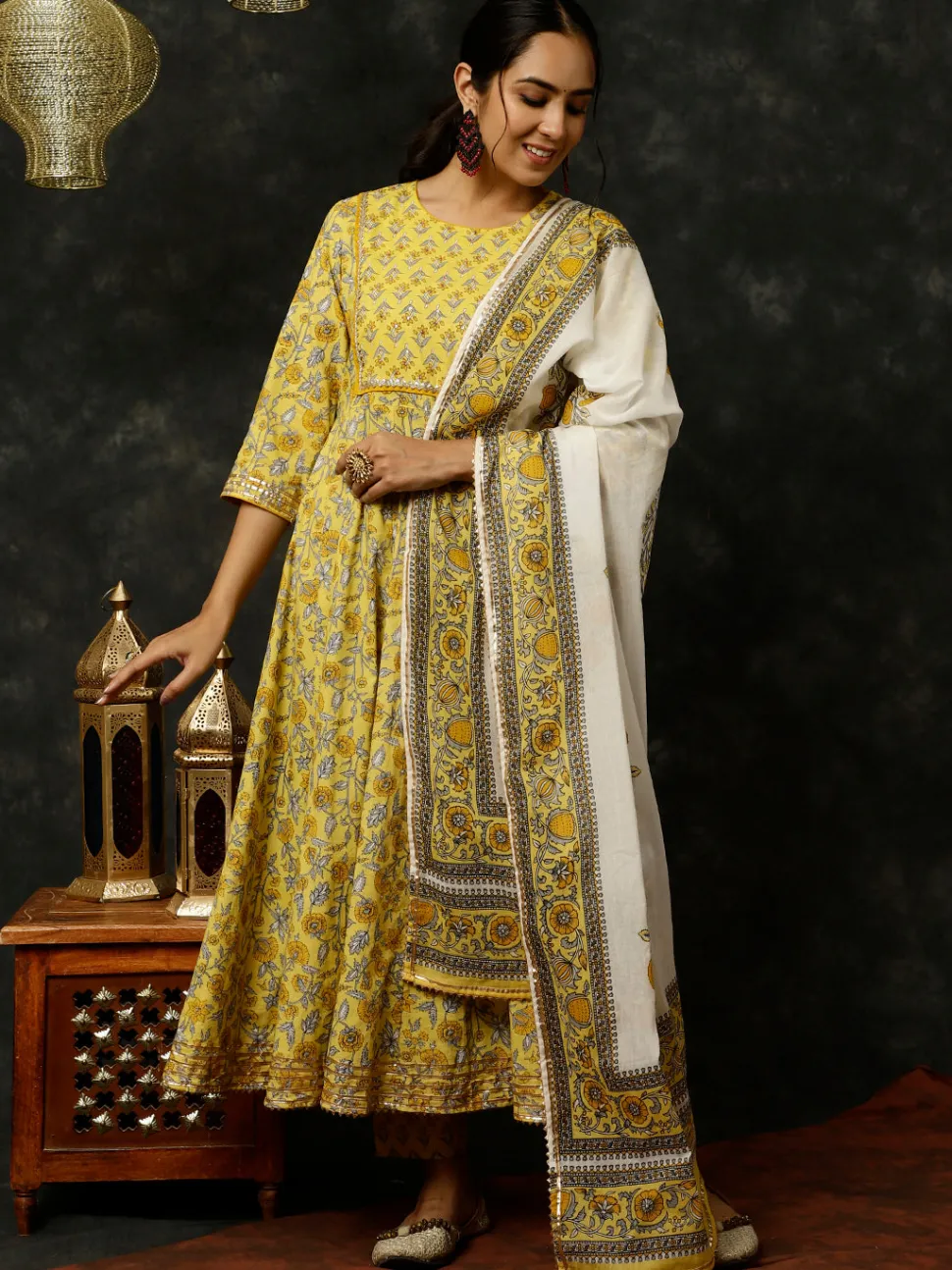yellow_ethnic_print_anarkali_kurta_with_pants_and_dupatta_5.webp Jaipur Kurti Ethnic Print Anarkali Kurta With Pants And Dupatta