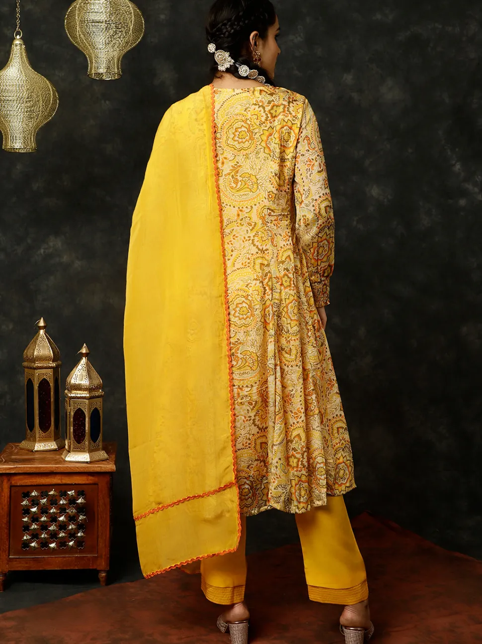 Jaipur Kurti Floral Printed Mirror Work Anarkali Kurta With Pants And Dupatta