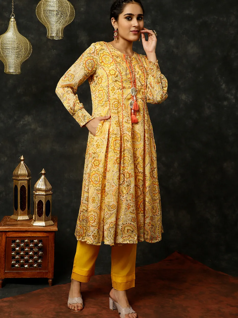 Jaipur Kurti Floral Printed Mirror Work Anarkali Kurta With Pants And Dupatta