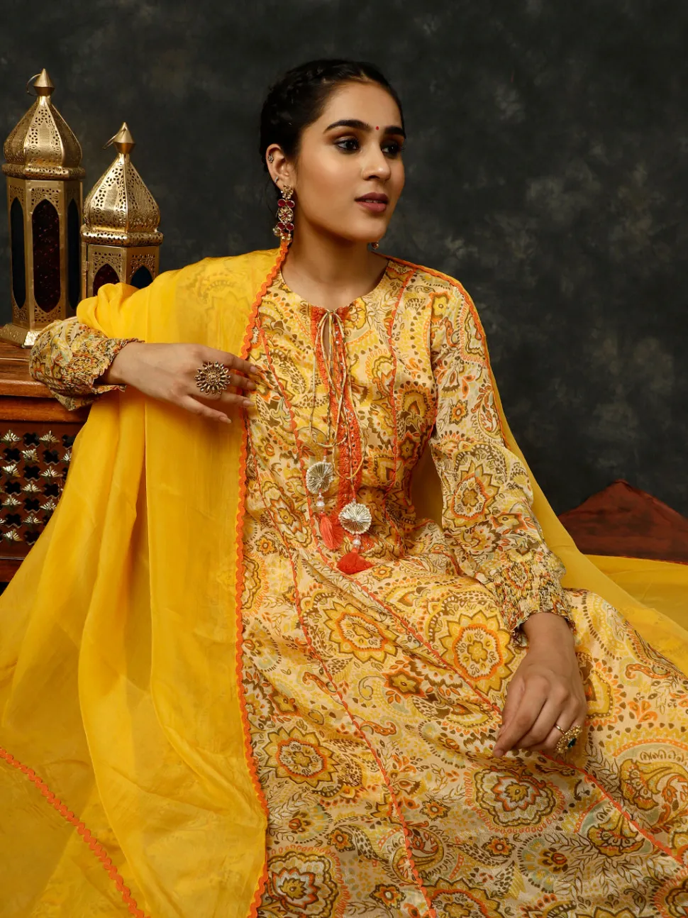 Jaipur Kurti Floral Printed Mirror Work Anarkali Kurta With Pants And Dupatta