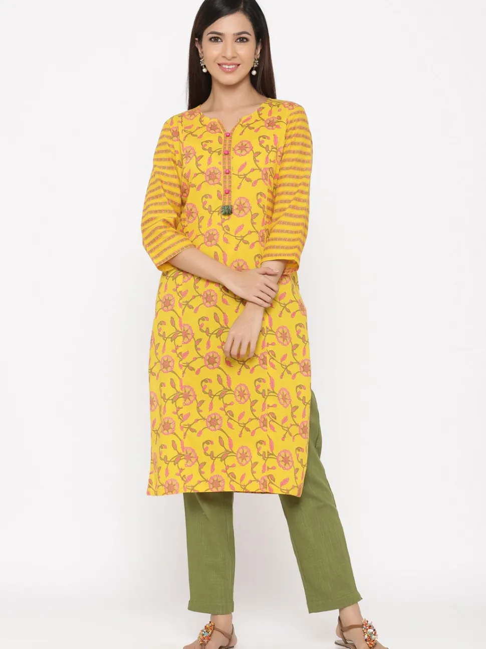 Jaipur Kurti Yellow Floral Straight Cotton Kurta