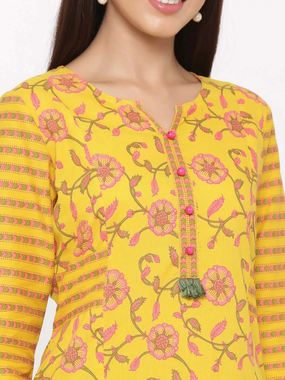 Jaipur Kurti Yellow Floral Straight Cotton Kurta