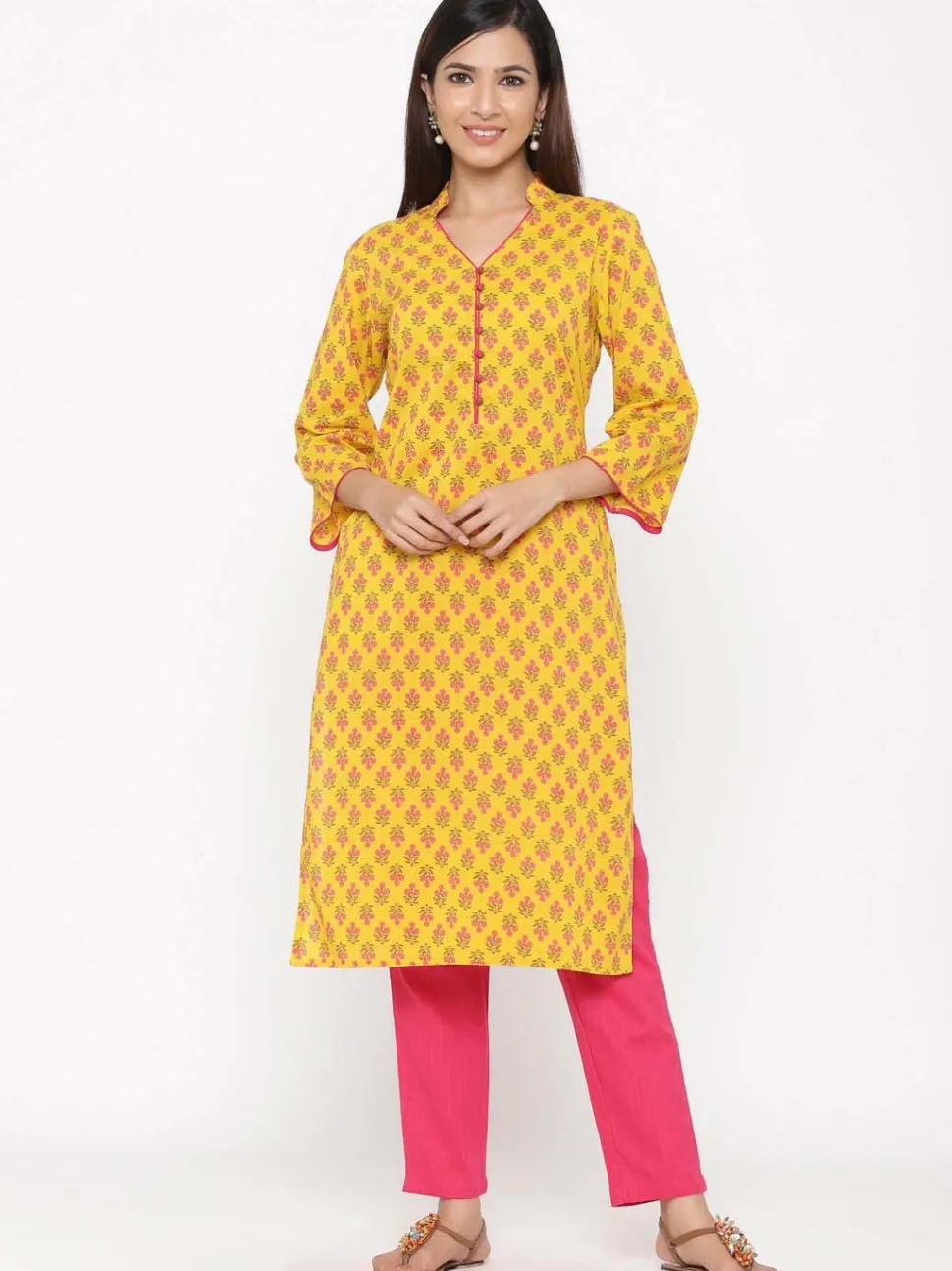 Jaipur Kurti Yellow Printed Straight Cotton Kurta