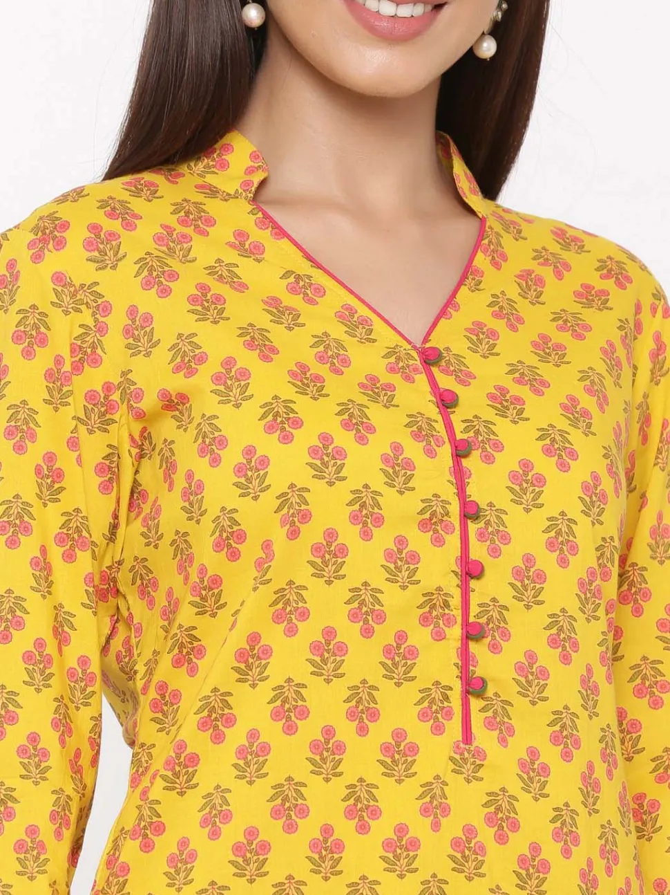 Jaipur Kurti Yellow Printed Straight Cotton Kurta