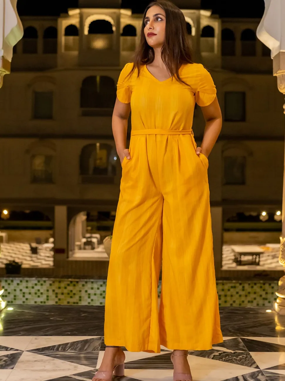 Jaipur Kurti Yellow Solid Cotton Casual Jumpsuit with Two Side Pockets