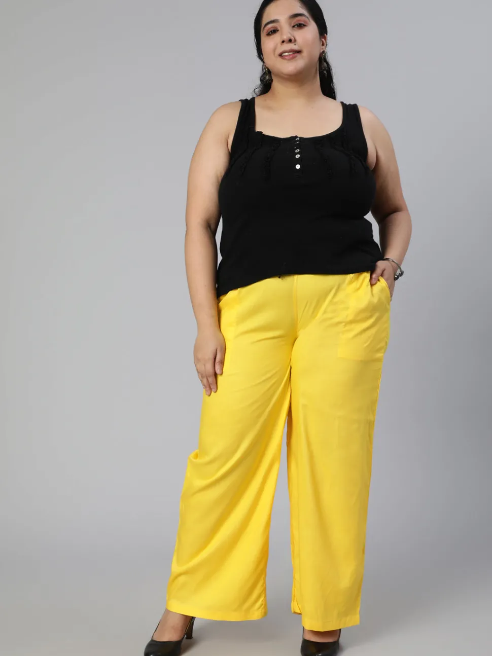 Jaipur Kurti Yellow Solid Rayon Straight Palazzo